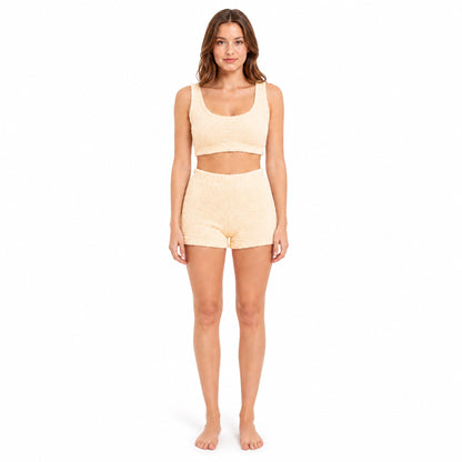Women’s teddy fleece sleeveless crop top and matching shorts pajama set in gold