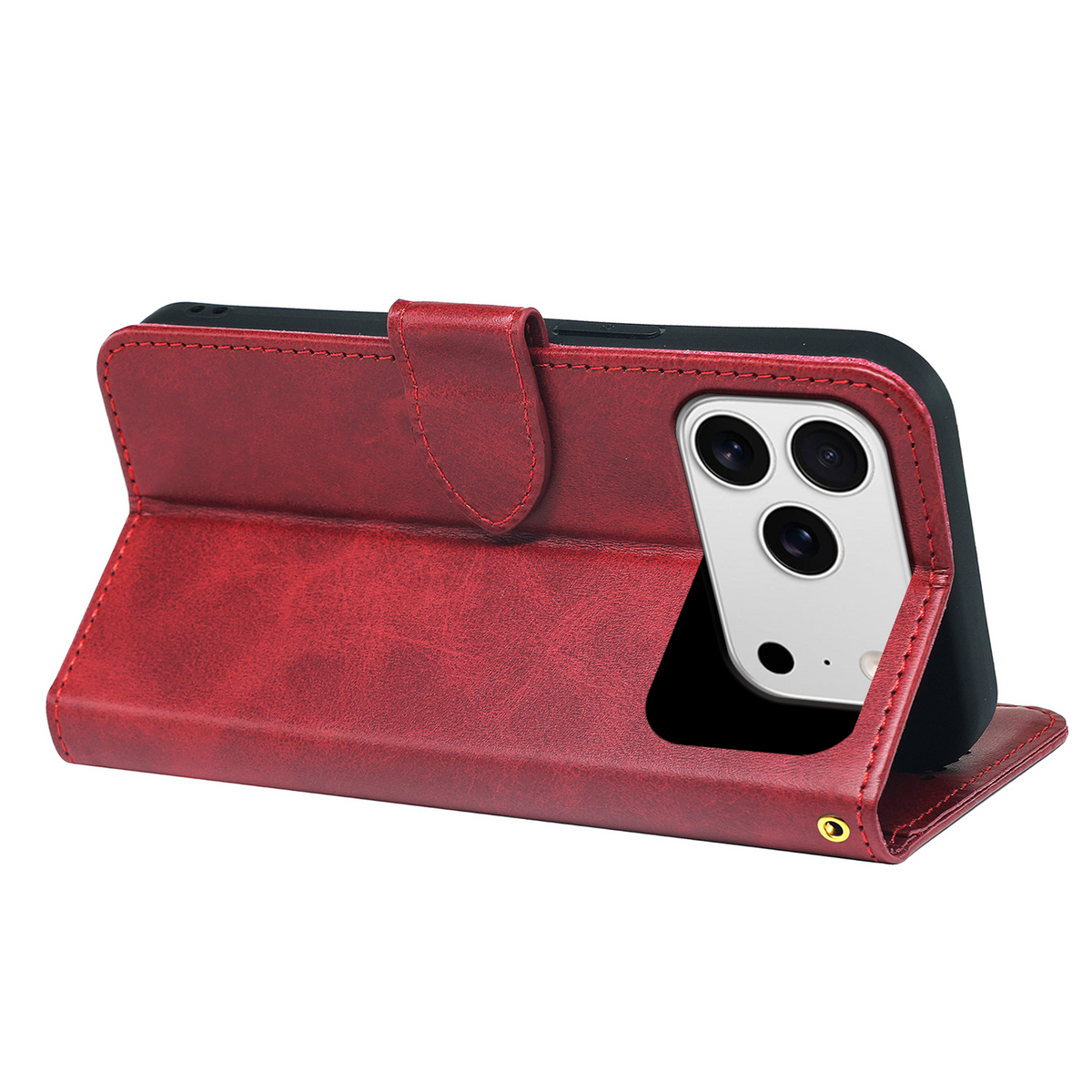 Red leather-look wallet case with kickstand and foldover cover for phone