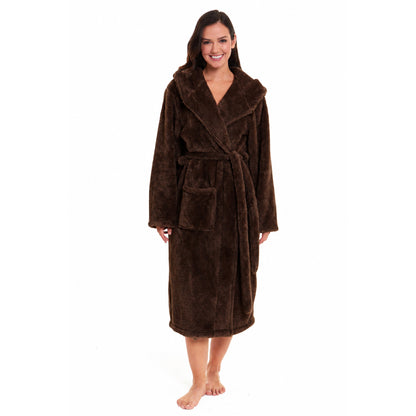 Women’s hooded fleece robe in chocolate brown, mid-calf length with tie belt