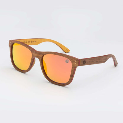 Wood-look sunglasses with orange mirrored lenses and brown frames