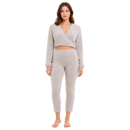 Women's teddy fleece wrap top and tapered jogger set with long sleeves in grey