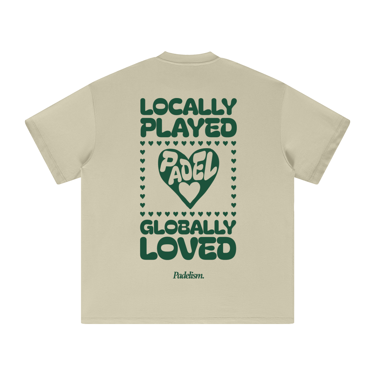 Light tan heavyweight T-shirt, back graphic with heart and text, short sleeves
