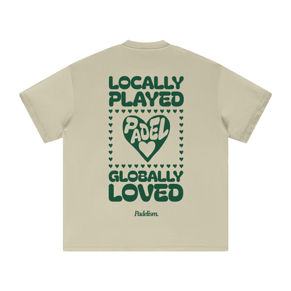 Light tan heavyweight T-shirt, back graphic with heart and text, short sleeves