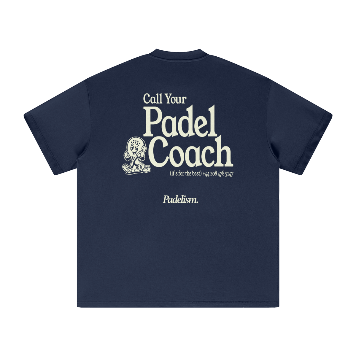 Heavyweight t-shirt in navy with large back 'Call Your Padel Coach' graphic