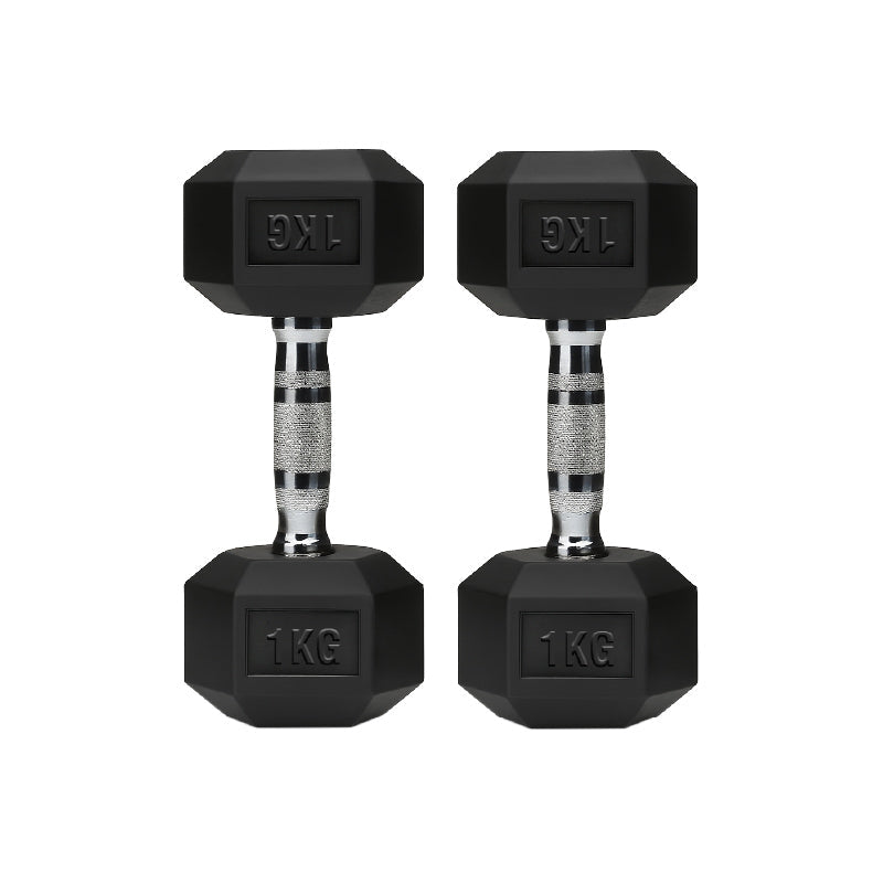 Rubber-coated hex dumbbell pair, black 1kg weights with chrome handles