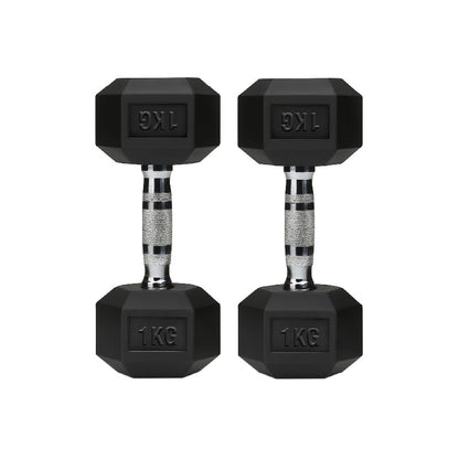 Rubber-coated hex dumbbell pair, black 1kg weights with chrome handles