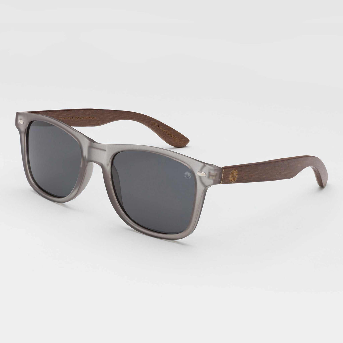 Brown-toned sunglasses with dark gray lenses and wood-look arms, square frames