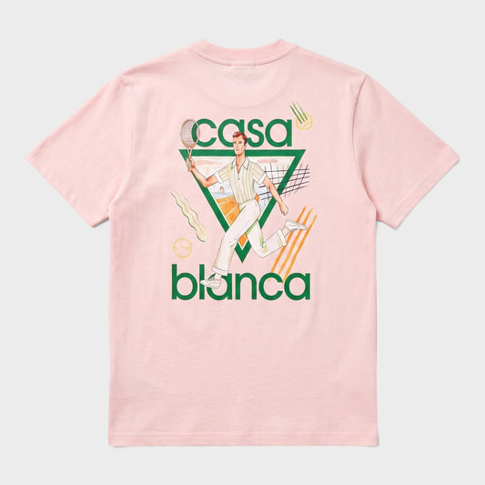 Pink crew-neck t-shirt with colorful tennis icon graphic on front