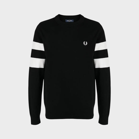 Black cotton sweatshirt with embroidered crest and white ringer sleeve stripes