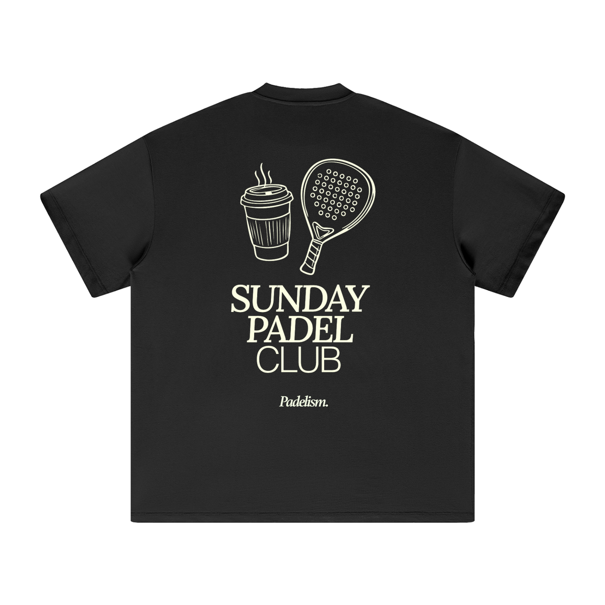 Heavyweight T-shirt, black, back graphic “Sunday Padel Club” with drink and paddle icons