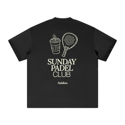 Heavyweight T-shirt, black, back graphic “Sunday Padel Club” with drink and paddle icons