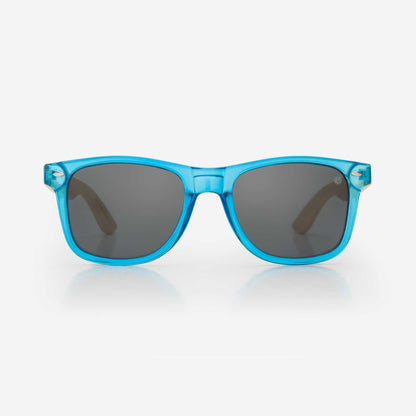 Blue sunglasses with dark gray lenses and square frames