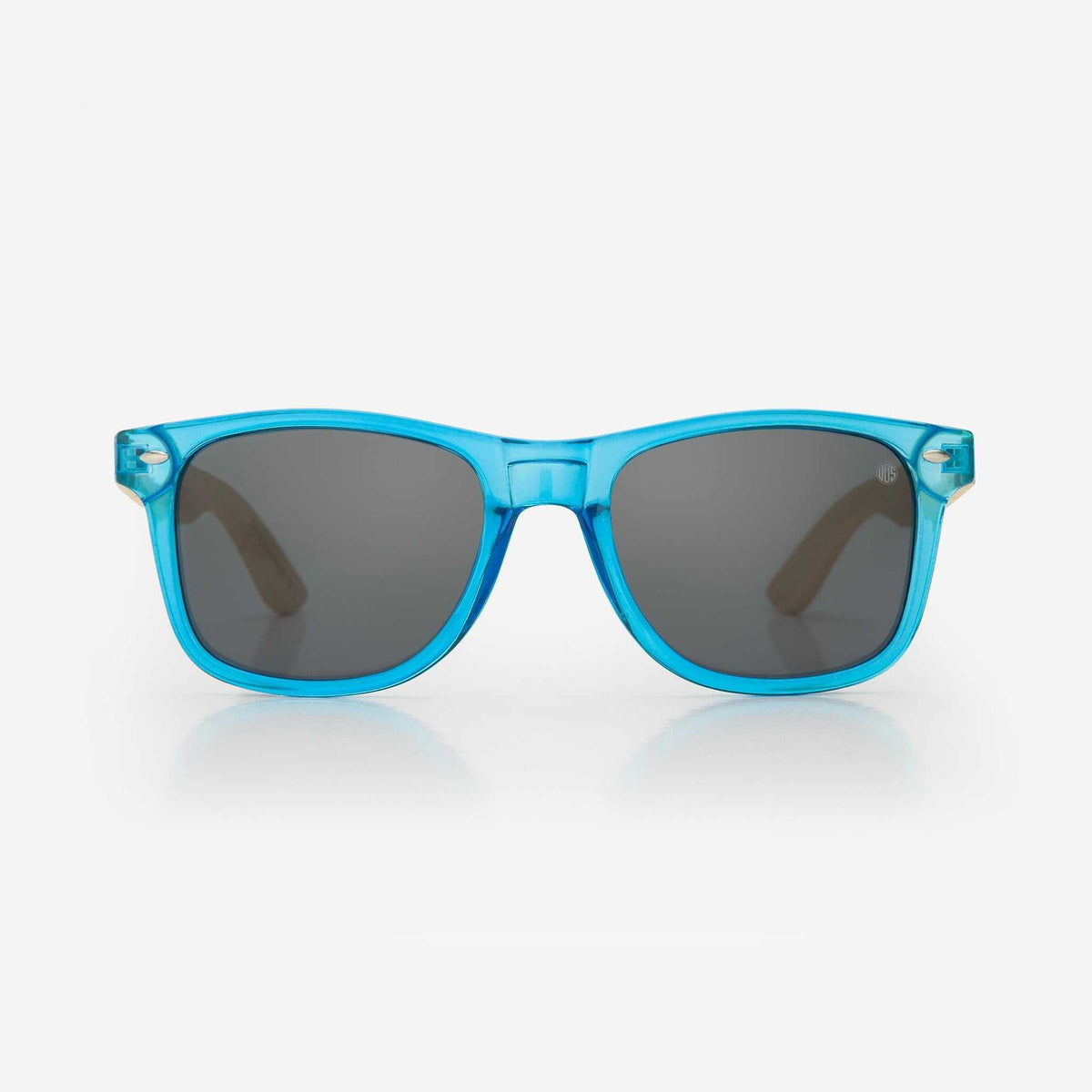 Blue sunglasses with dark gray lenses and square frames