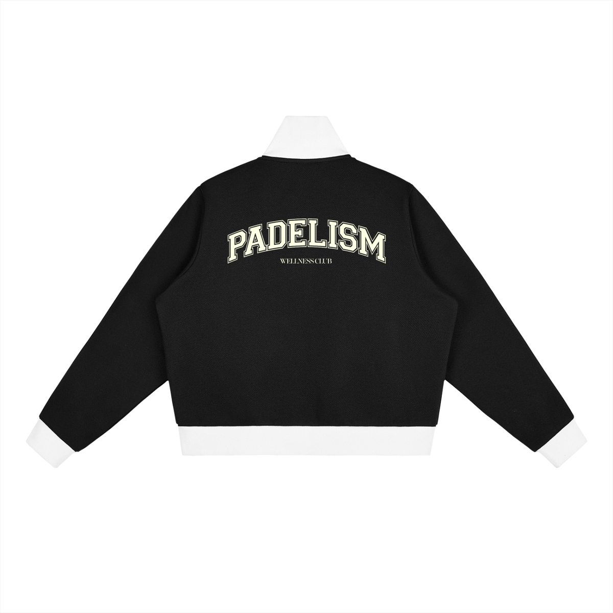 Black track jacket with white side stripes, back PADELISM graphic, stand collar, zip front.