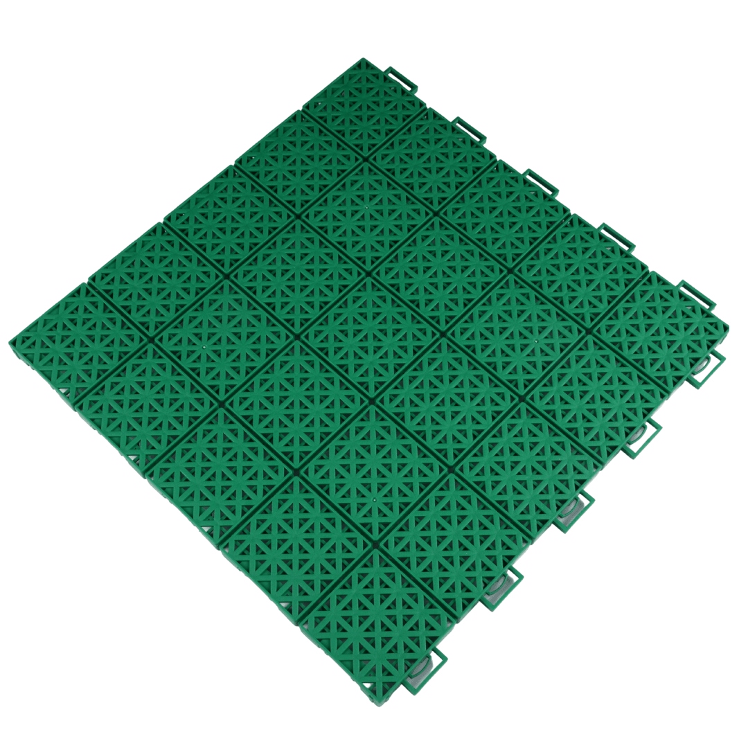 Green modular pickleball court tile, textured lattice surface with interlocking edges