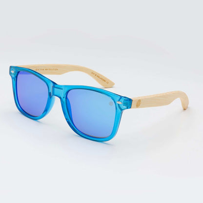 XL sunglasses with blue frame and blue lenses, wood-look temple arms