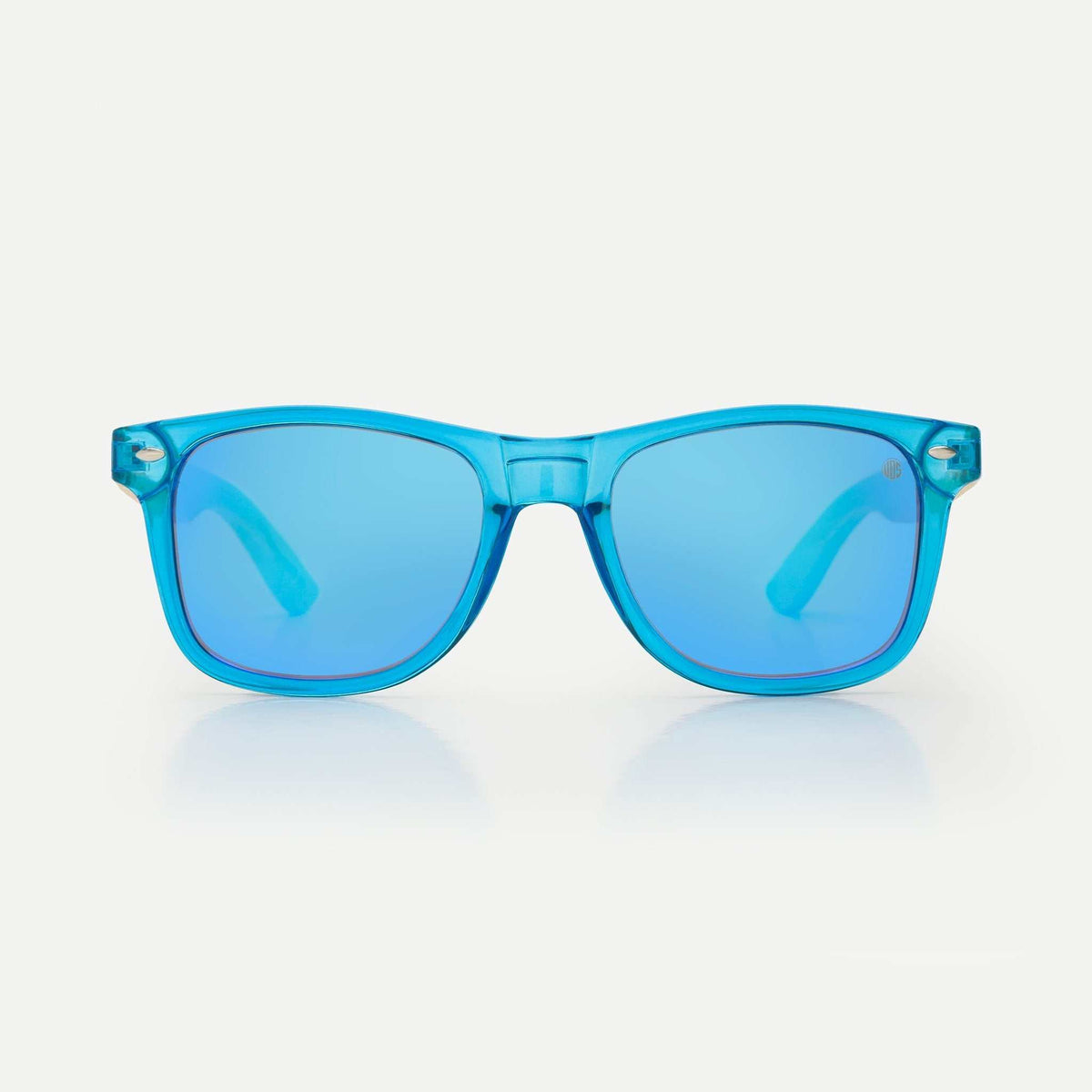 Blue sunglasses with light blue tinted lenses and square frames