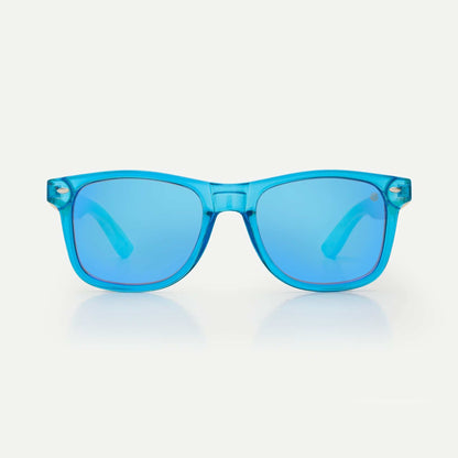 Blue sunglasses with light blue tinted lenses and square frames