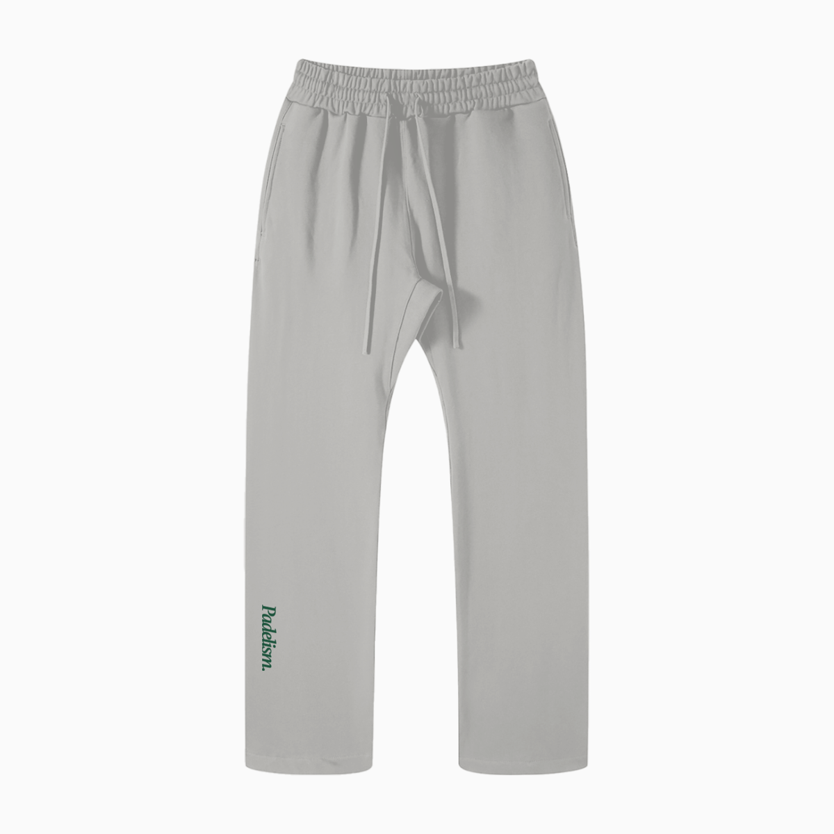 Light gray straight-leg pants with elastic waistband, side tie, and Padelism logo
