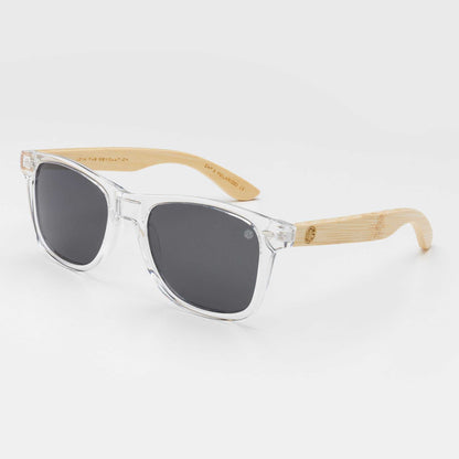 XL sunglasses with clear frame and dark lenses, bamboo-style temple arms