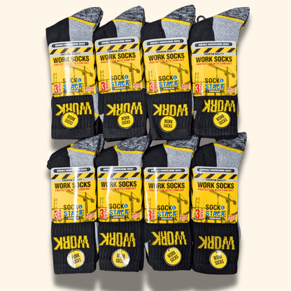 Sock Stack Mens Heavy Duty Work Socks 24 Pairs Cushion Sole Reinforced Toe And Heel Black Boot Socks EU 39-45 UK 6-11 For Construction And Outdoor Use