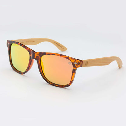 XL sunglasses with tortoise frame and orange mirrored lenses, wood-look temple arms