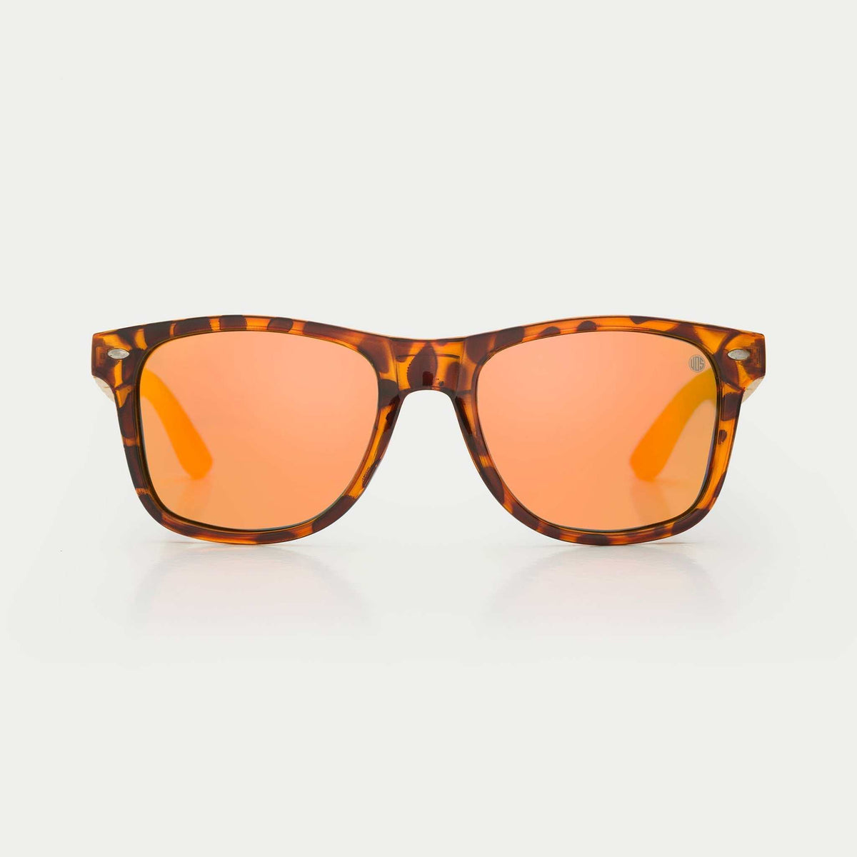 Tortoise sunglasses with orange mirrored lenses, square frames