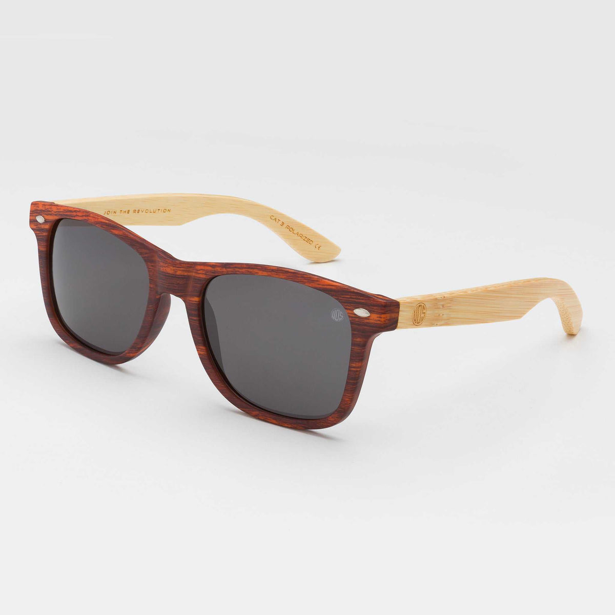 Brown wood-look sunglasses with dark gray lenses and light wood arms, square frames