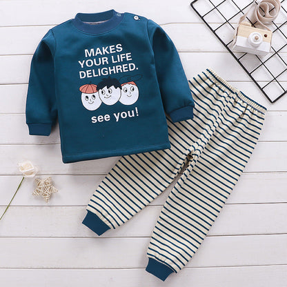 Children's thermal underwear set, teal top with message text and striped pants
