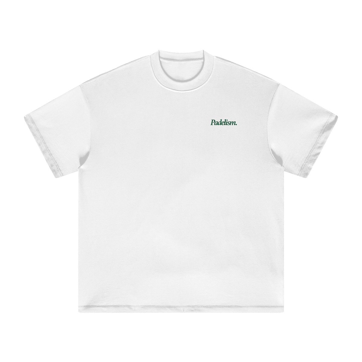 White heavyweight T-shirt, front with small blue chest logo