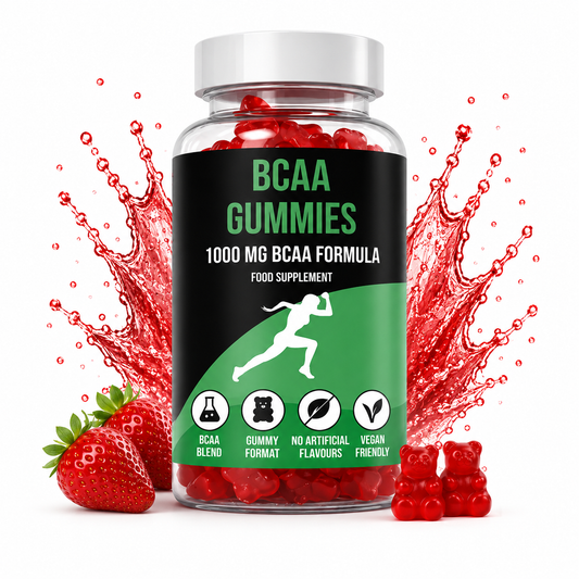 Strawberry BCAA gummies supplement bottle with red gummies, green and black label