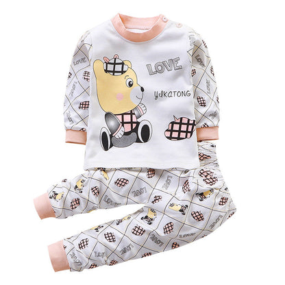 Children's underwear set in white and light pink with bear and plaid print long-sleeve top