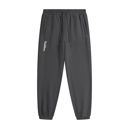 Dark gray heavyweight fleece joggers with elastic waist and drawstring; Padelism logo