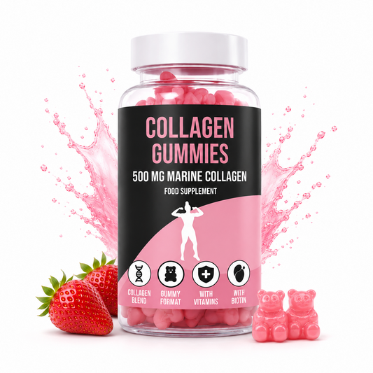 Collagen gummies bottle with red gummy pieces and front label, marine collagen 500 mg