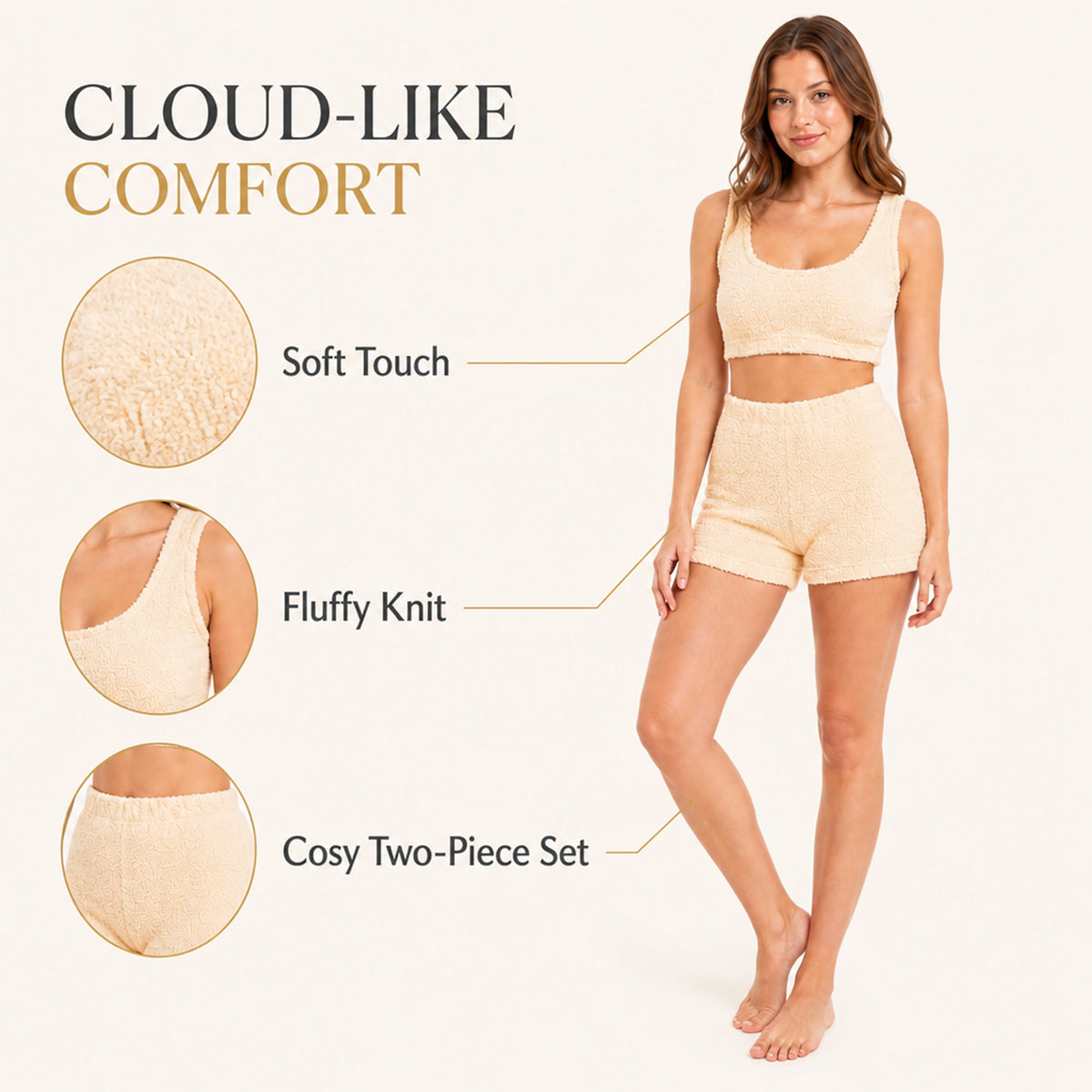 Women’s teddy fleece two-piece crop top and shorts set in gold, front view