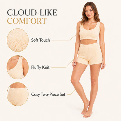 Women’s teddy fleece two-piece crop top and shorts set in gold, front view