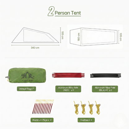 Night Cat 2 Person Ultralight Tunnel Tent – 2.1kg Waterproof