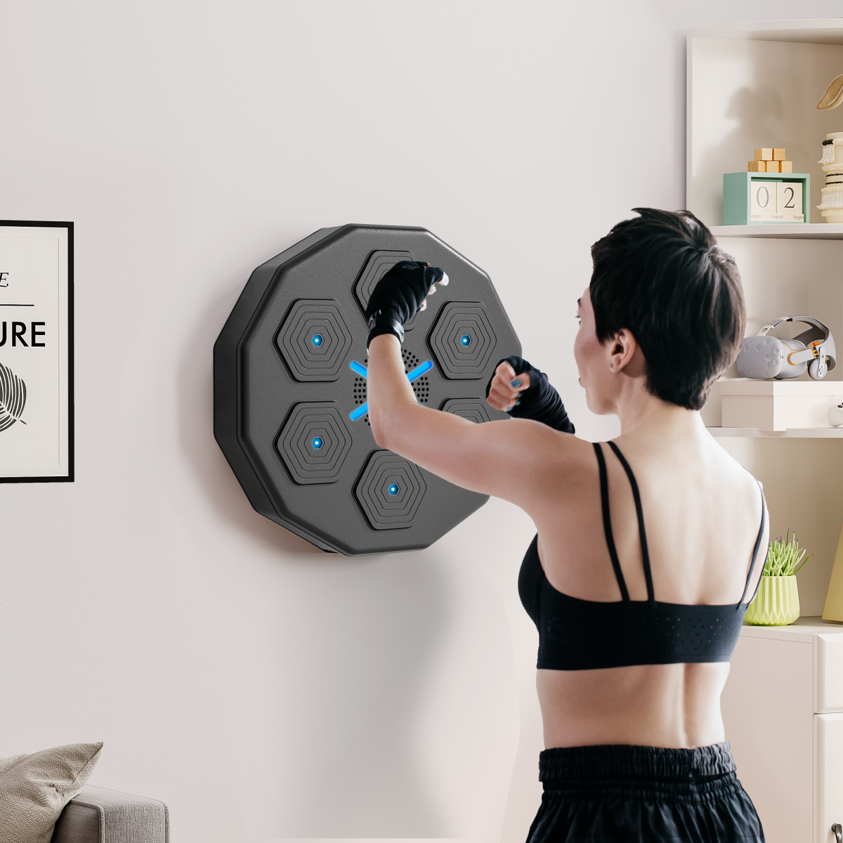 Wall-mounted smart music boxing machine with illuminated blue target pads