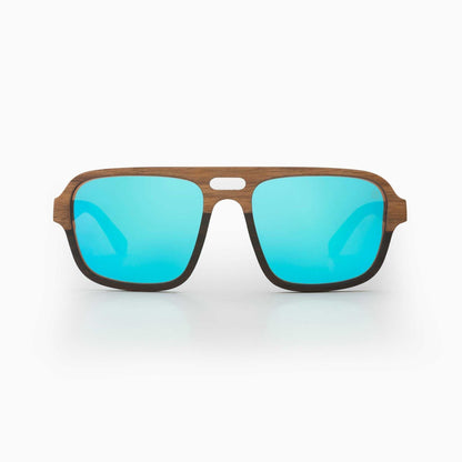 Walnut wood sunglasses with turquoise blue mirrored lenses and black temples