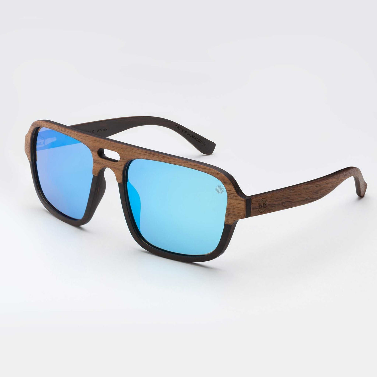 Walnut wood sunglasses with sky blue mirrored lenses and black temples