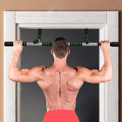 Doorway pull-up bar with two black grip bars and green-black padded handles