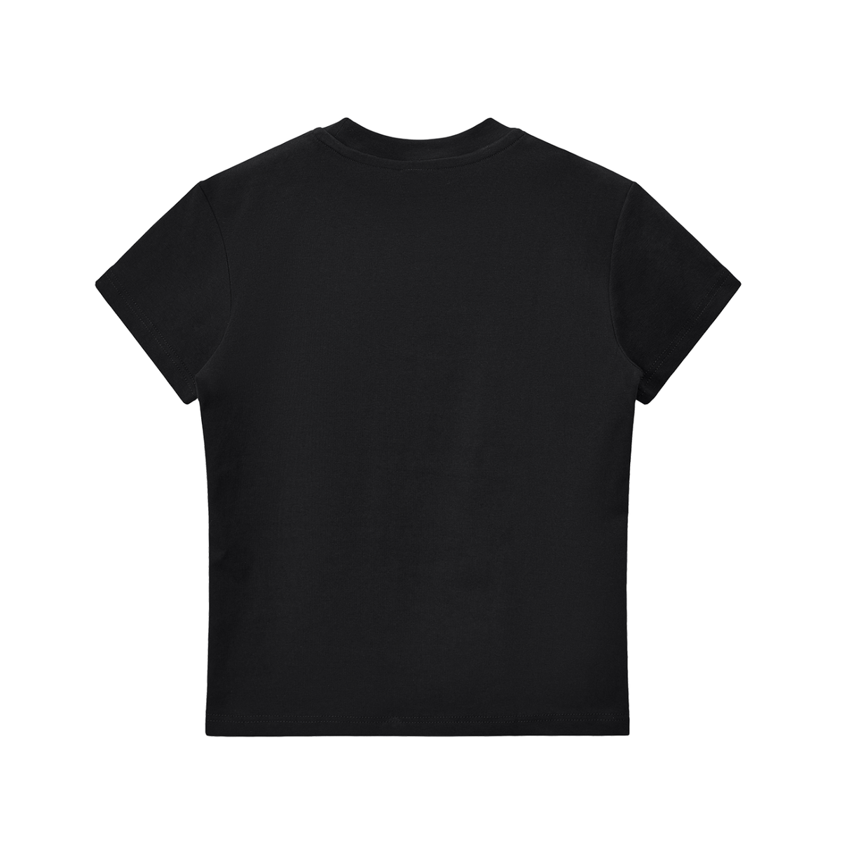 Black crewneck T-shirt back view, short sleeves