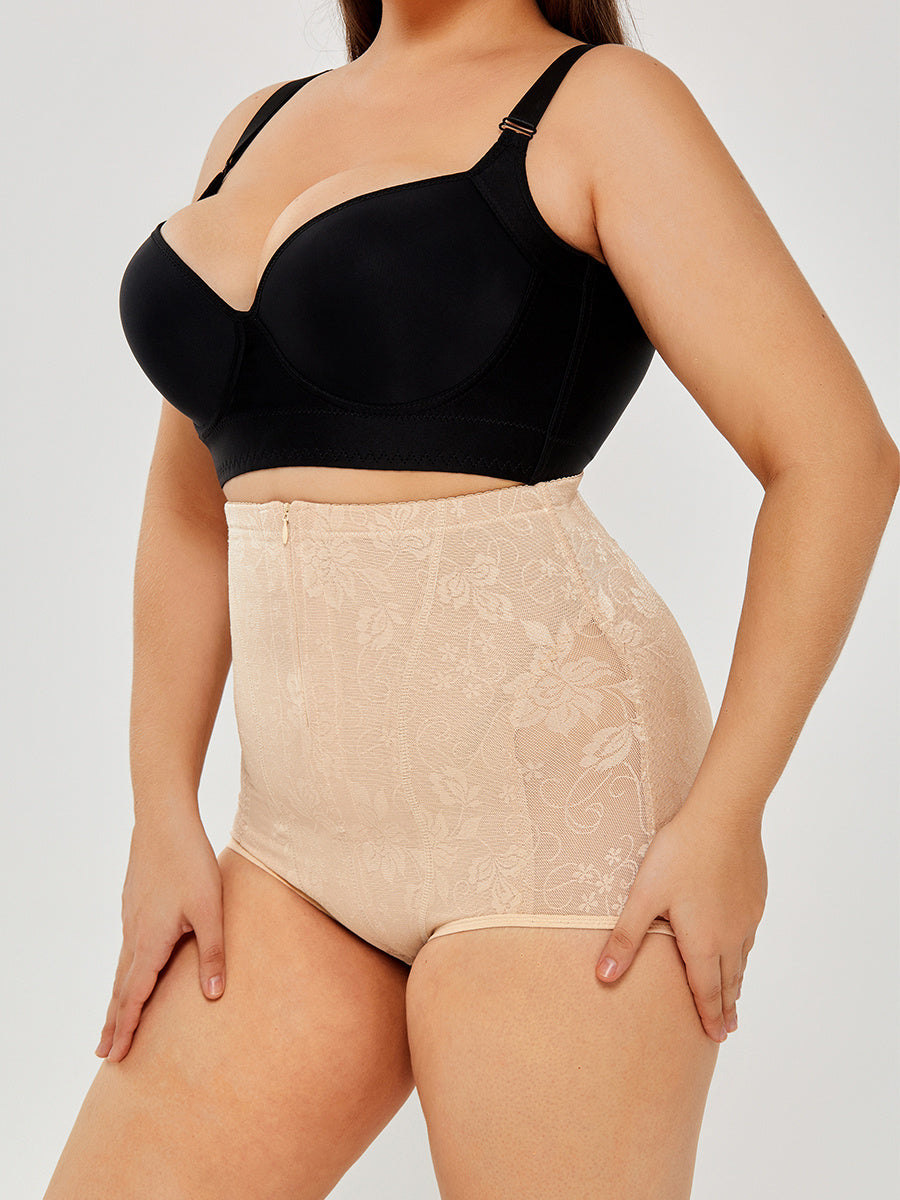 Apricot lace high-waisted tummy control underwear, full-coverage shaping shorts