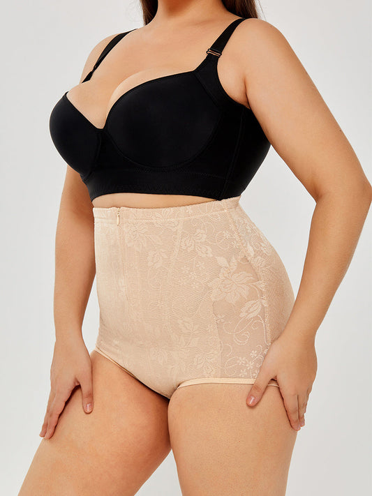 Apricot lace high-waisted tummy control underwear, full-coverage shaping shorts