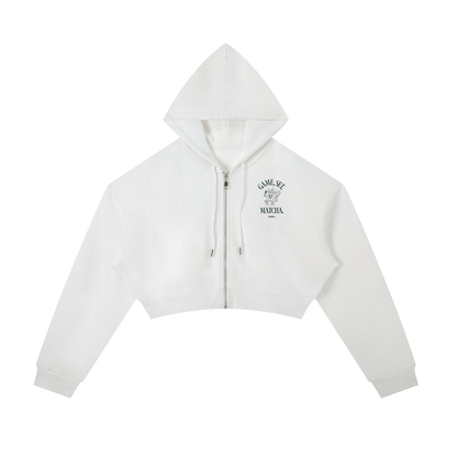 White cropped zip hoodie with hood and drawstring; small chest logo on left