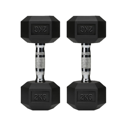 Rubber-coated hex dumbbell pair, black 2kg weights with chrome handles