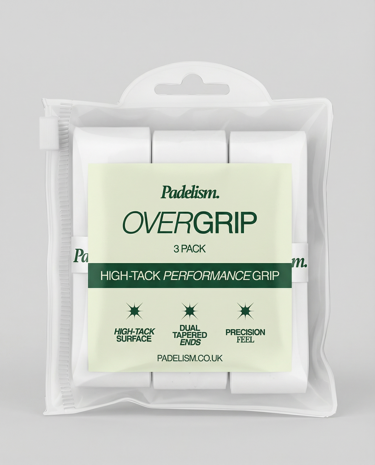 Padel overgrip tape, 3-pack grips in clear blister packaging with label