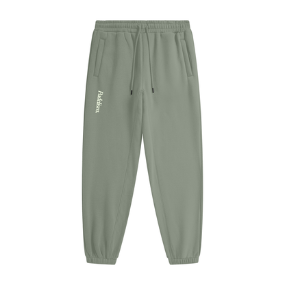 Grayish green heavyweight fleece joggers with elastic waist and drawstring; Padelism logo