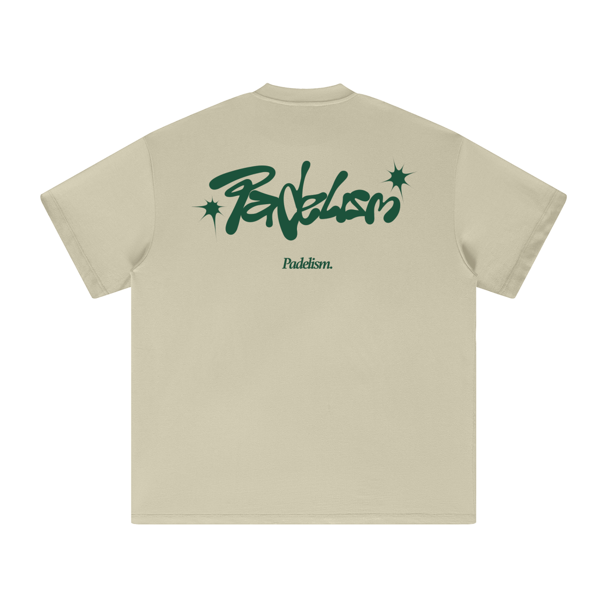 Beige heavyweight T-shirt, back graphic print with green logo and starburst icons