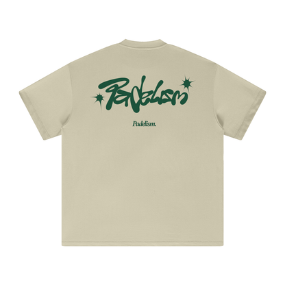 Beige heavyweight T-shirt, back graphic print with green logo and starburst icons